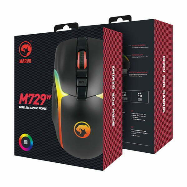 Marvo Mysz M729W, 4800DPI, 2.4 [GHz], optyczna, 7kl., bezprzewodowa, czarna, 1 szt wbudowany akumulator, do gry, podświetlona-8