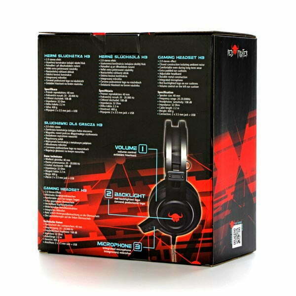 RED FIGHTER H3, słuchawki z mikrofonem, regulacja głośności, czarno-czerwona, dla graczy, podświetlenie, 2x 3.5 mm jack + USB-9
