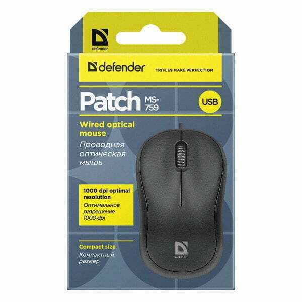 Defender Mysz Patch MS-759, 1000DPI, optyczna, 3kl., przewodowa USB, czarna, biurowy, kompaktowy-5